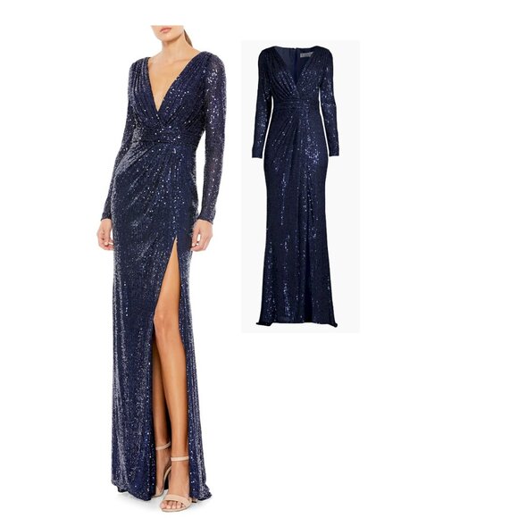 Mac Duggal Navy Long Sleeve Sequin V Neck Gown Size 14 New NWT